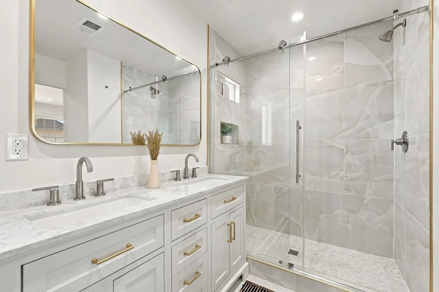 Bathroom with a double vanity and a glass shower, 17217 South Hoover Street, Gardena